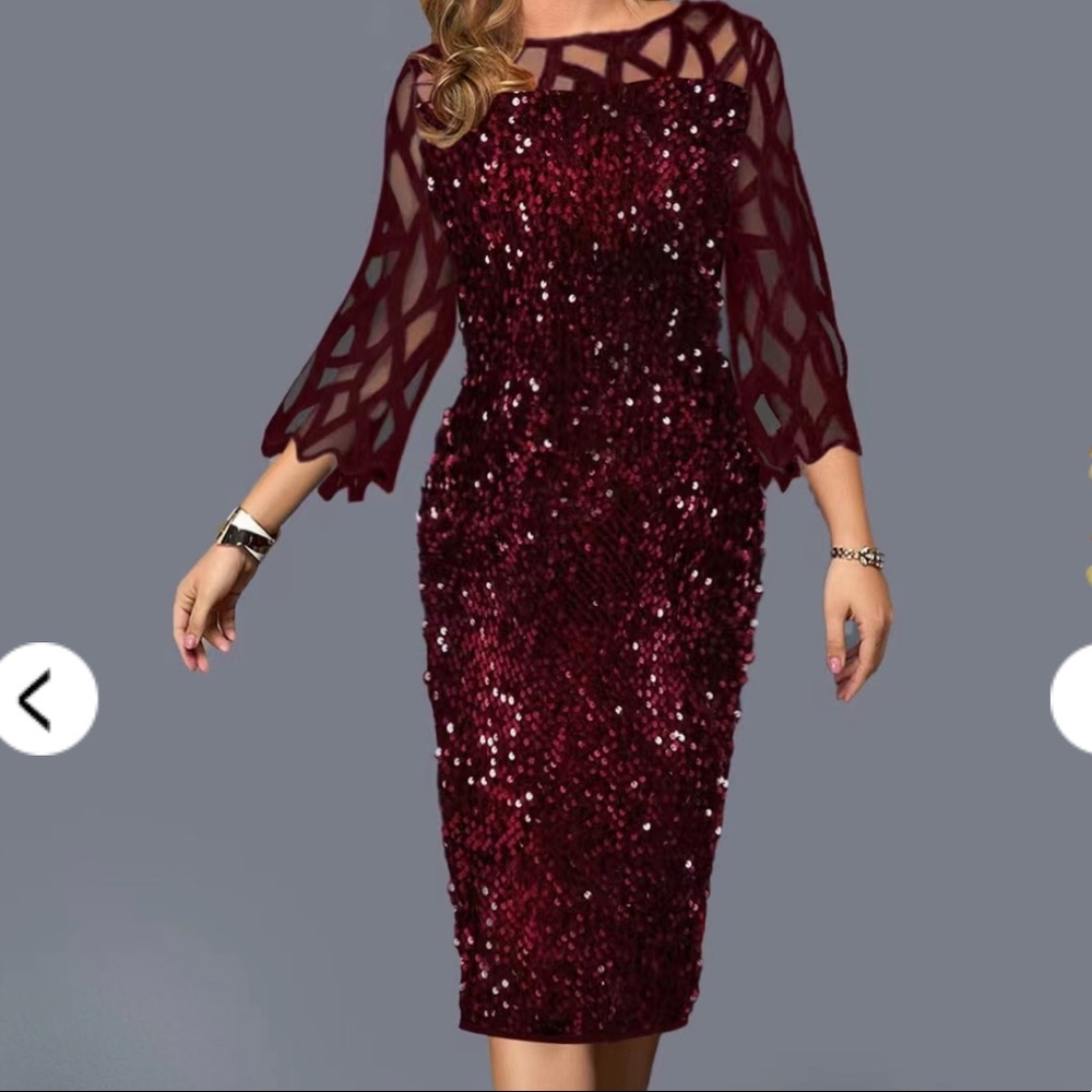 Red Sequined Three-Quarter Sleeve Midi Dress size L